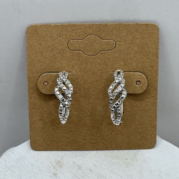 Sterling Silver Diamond Twisted Half Hoop Earrings - Picture 2 of 15